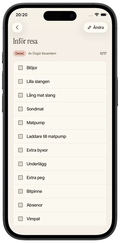 Skärmbild från Foveo: Checklistor, Följa lista.