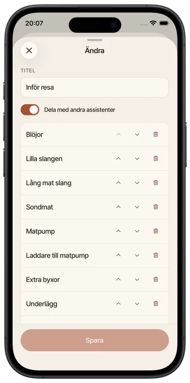 Skärmbild från Foveo: Checklistor, Redigera lista.