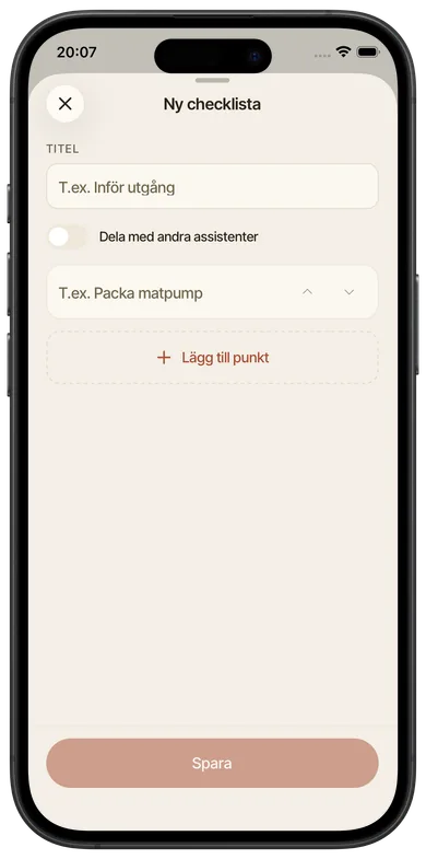 Skärmbild från Foveo: Checklistor, Ny checklista.