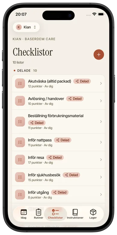 Skärmbild från Foveo: Checklistor, Checklistor.