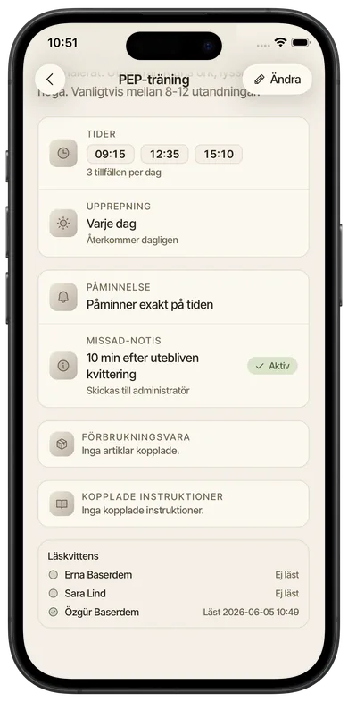 Skärmbild från Foveo: Historik när ni behöver följa upp, Läskvittens.