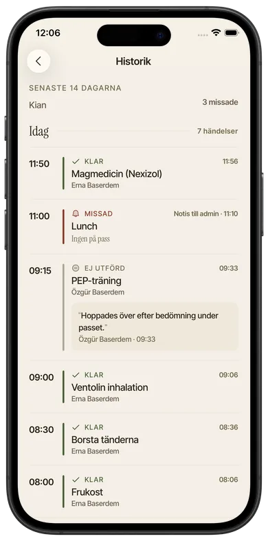 Skärmbild från Foveo: Dagens rutiner, Missad rutin.