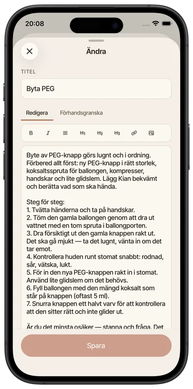 Skärmbild från Foveo: Instruktioner, Redigera instruktion.