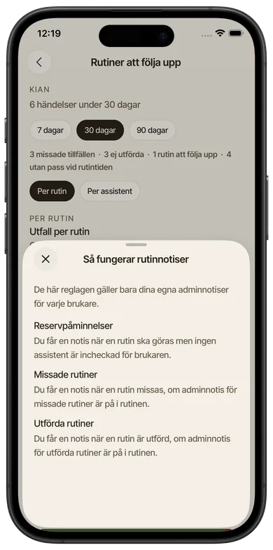 Skärmbild från Foveo: Dagens rutiner, Rutinnotiser.