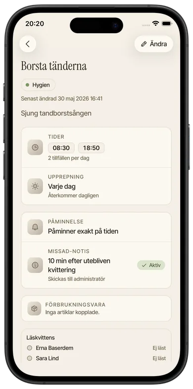 Rutindetaljen visar nuvarande schema, påminnelser, missad-notis, förbrukning och läskvittenser. Tryck Ändra för att justera framtida förekomster. – Rutindetalj
