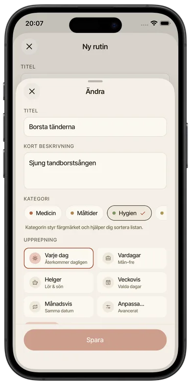 I redigeringsvyn ändrar du samma fält som vid skapande. Kopplade instruktioner och lagerförbrukning följer med rutinen efter att du sparar. – Redigera rutin