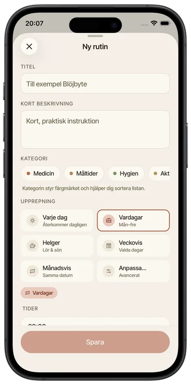 Skärmbild från Foveo: Dagens rutiner, Ny rutin.