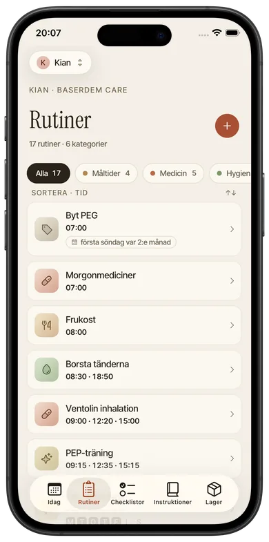 Skärmbild från Foveo: Dagens rutiner, Rutinlista.