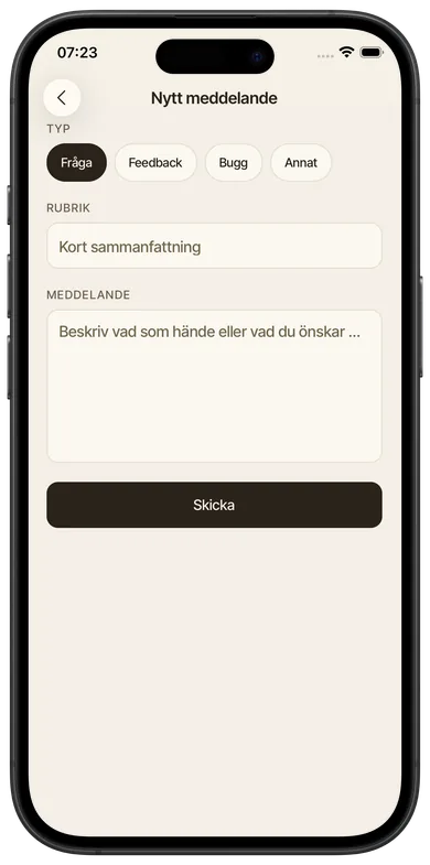 Supportformuläret med typ, rubrik och meddelande. – Nytt supportärende