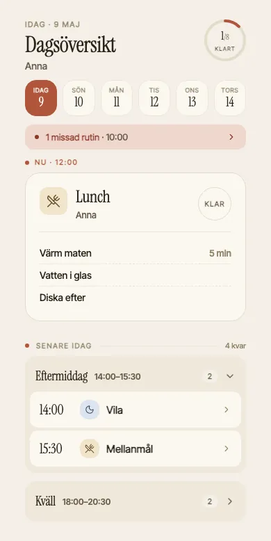 Dagsvyn med pågående rutin och kommande pass.
