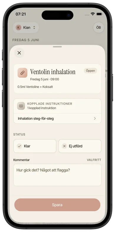 Skärmbild från Foveo: Dagens rutiner, Rutintillfälle.